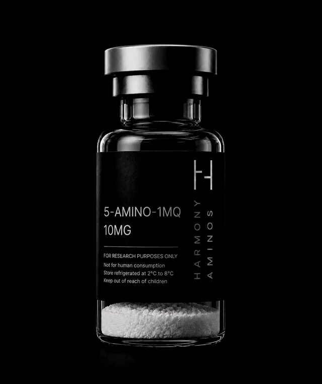 Harmony Aminos 5-Amino-1MQ 10 mg vial, lyophilised powder in clear glass with a black label and silver crimp cap.