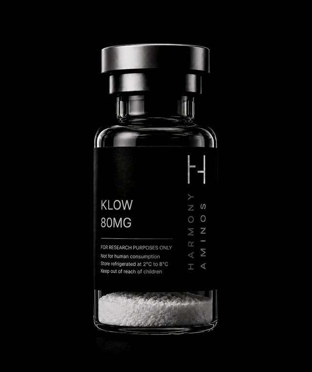 Harmony Aminos KLOW 80 mg vial, lyophilised powder in clear glass with a black label and silver crimp cap.