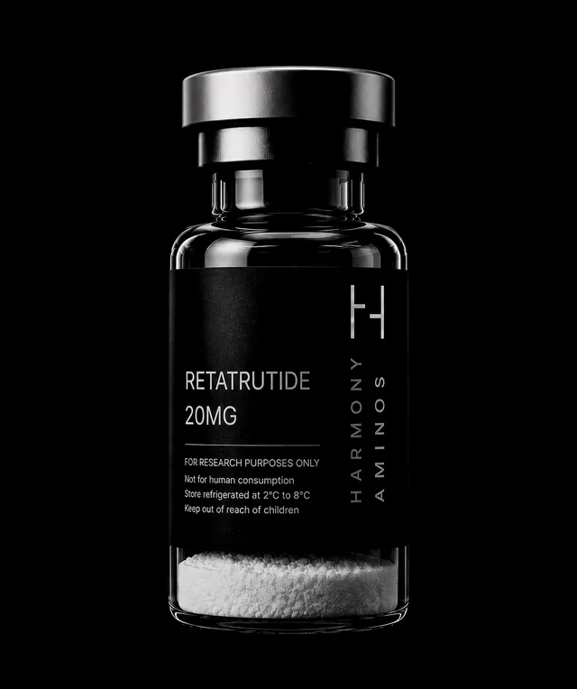 Harmony Aminos Retatrutide 20 mg vial, lyophilised powder in clear glass with a black label and silver crimp cap.