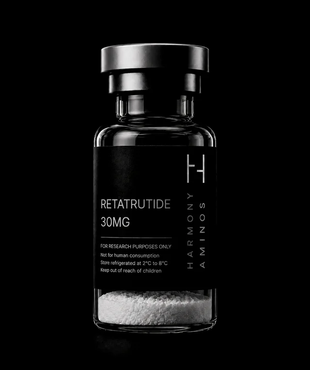 Harmony Aminos Retatrutide 30 mg vial, lyophilised powder in clear glass with a black label and silver crimp cap.