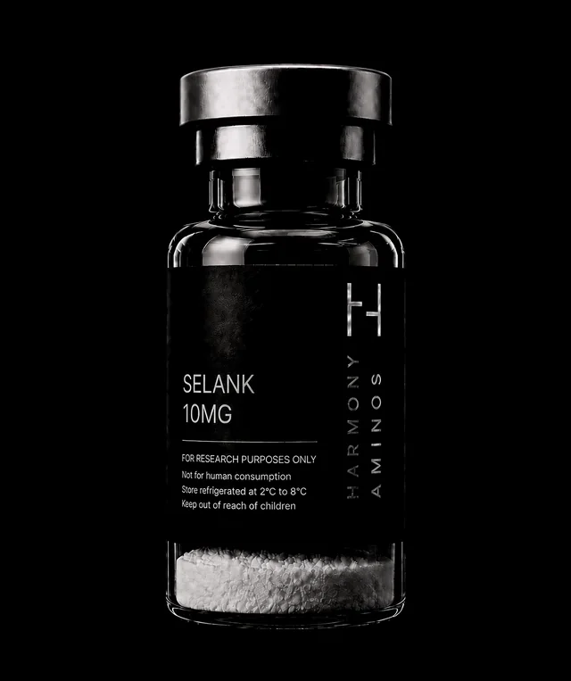 Harmony Aminos Selank 10 mg vial, lyophilised powder in clear glass with a black label and silver crimp cap.