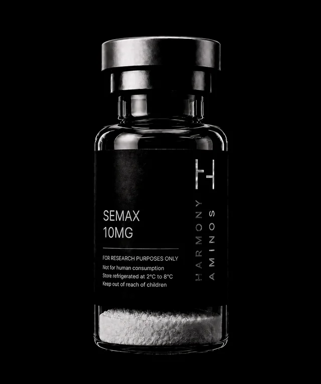 Harmony Aminos Semax 10 mg vial, lyophilised powder in clear glass with a black label and silver crimp cap.