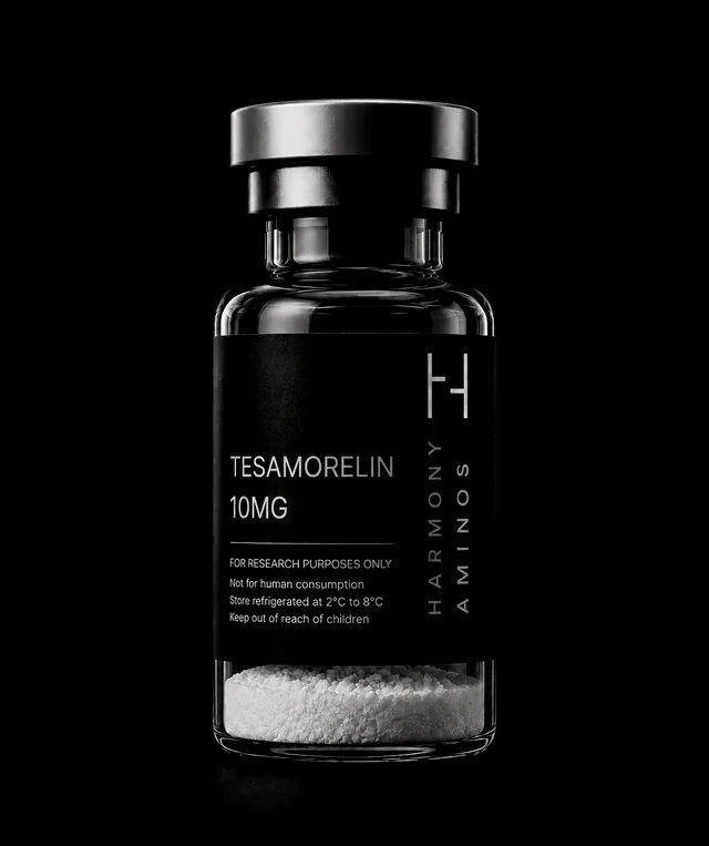 Harmony Aminos Tesamorelin 10 mg vial, lyophilised powder in clear glass with a black label and silver crimp cap.