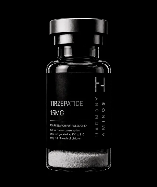 Harmony Aminos Tirzepatide 15 mg vial, lyophilised powder in clear glass with a black label and silver crimp cap.