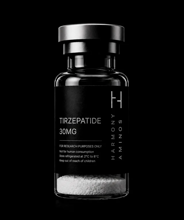 Harmony Aminos Tirzepatide 30 mg vial, lyophilised powder in clear glass with a black label and silver crimp cap.